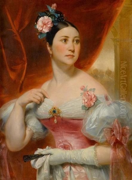Portrait Einer Eleganten Dame Mit Einem Brief Und Einem Facher Oil Painting by Eugene Francois Marie Joseph Deveria