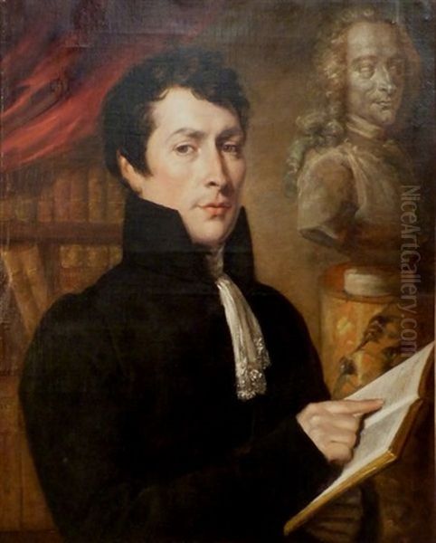Portrait D'homme De Lettre Dans Sa Bibliotheque Devant Le Buste De Voltaire Oil Painting by Eugene Francois Marie Joseph Deveria
