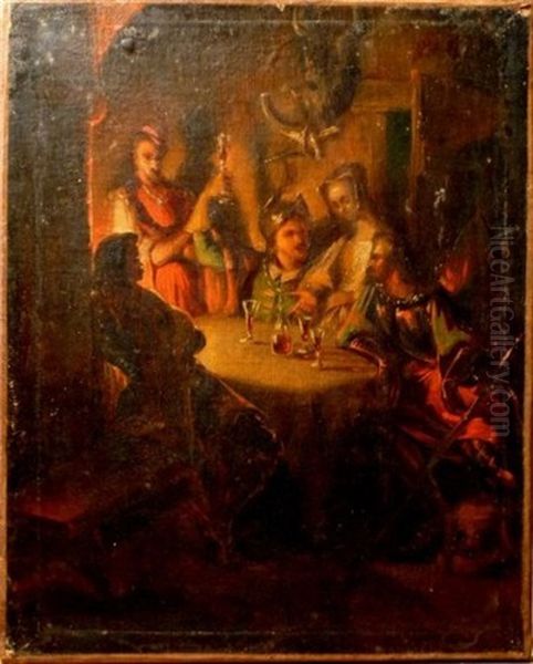 Chevaliers Dans Une Auberge Oil Painting by Eugene Francois Marie Joseph Deveria