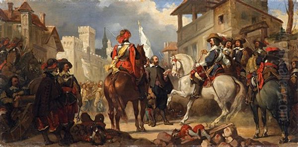 La Chevauchee D'austrasie (+ Another, Similar; 2 Works) Oil Painting by Eugene Francois Marie Joseph Deveria