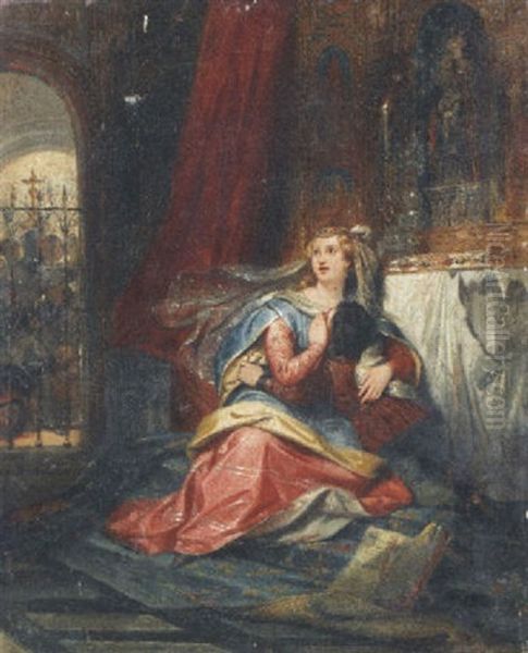 Marguerite D'anjou, Reine D'angleterre, Protegeant Son Fils Edouard, Prince De Galles, Pendant La Guerre Civile Oil Painting by Eugene Francois Marie Joseph Deveria
