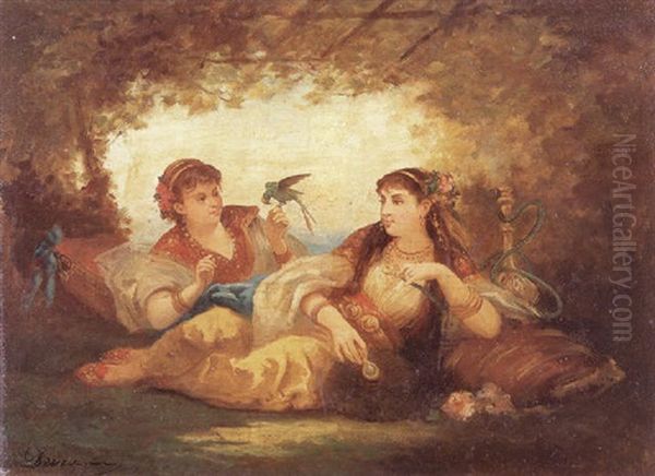 L'odalisque Au Narguile Oil Painting by Eugene Francois Marie Joseph Deveria