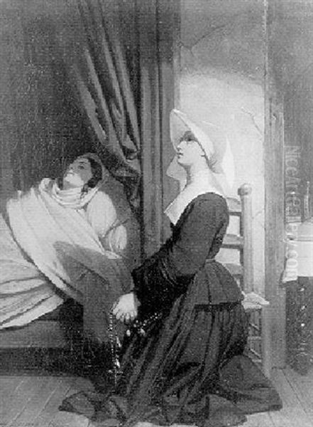 Religieuse Au Chevet D'une Malade Oil Painting by Eugene Francois Marie Joseph Deveria