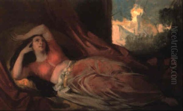 Odalisque Au Corsage Rouge Oil Painting by Eugene Francois Marie Joseph Deveria