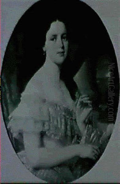 Portrait De Jeune Femme A La Robe De Dentelle Oil Painting by Eugene Francois Marie Joseph Deveria