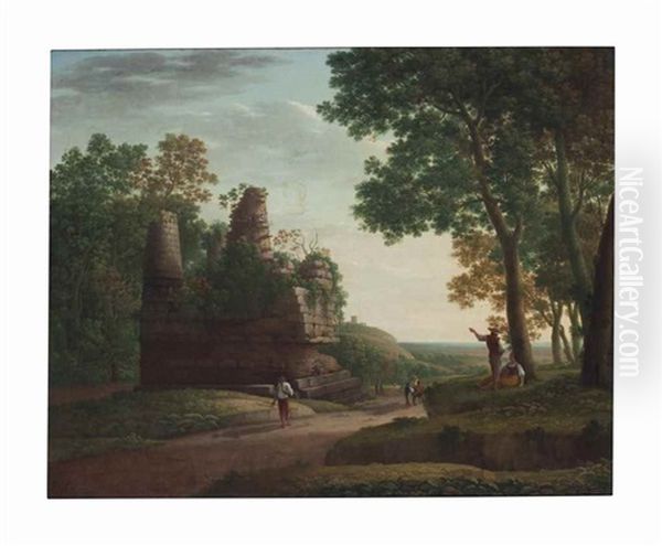 A Pastoral Landscape With Figures Traveling A Tree-lined Path With Ruins, A Man And Woman Resting Beside A Tree Oil Painting by Anthony Devis