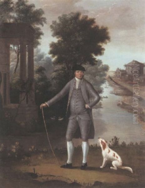 Portrait Of A Gentleman Standing By A River, Wearing A Grey Suit, His Dog By His Side Oil Painting by Arthur Devis