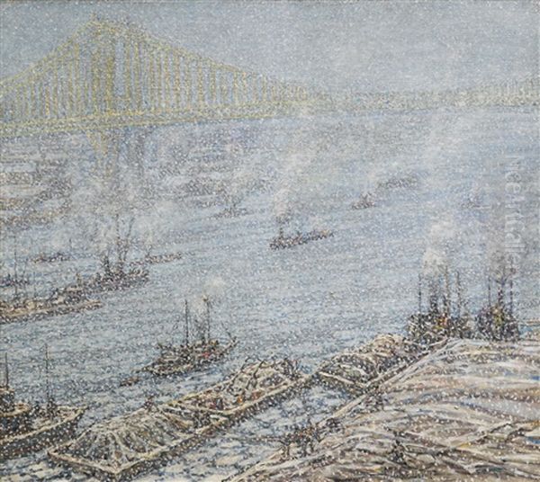 East River, New York, Winter (from Brooklyn Bridge) Oil Painting by Frederik Usher Devoll