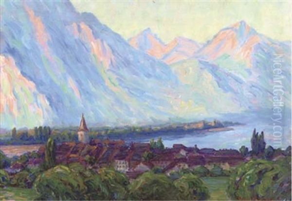 A Village Beside An Alpine Lake Oil Painting by Wynford Dewhurst