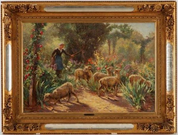 Bergere Et Ses Moutons Oil Painting by Theophile-Louis Deyrolle