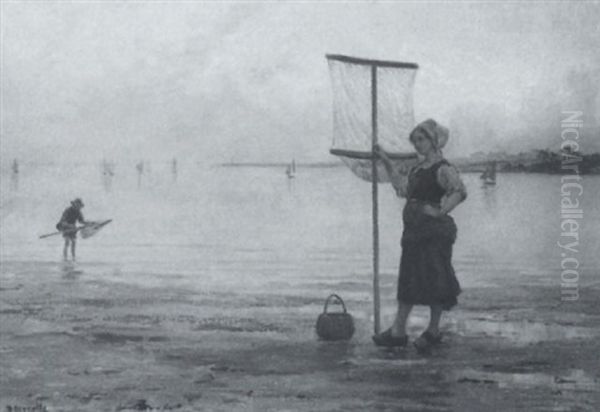 La Peche A La Crevette En Bretagne Oil Painting by Theophile-Louis Deyrolle