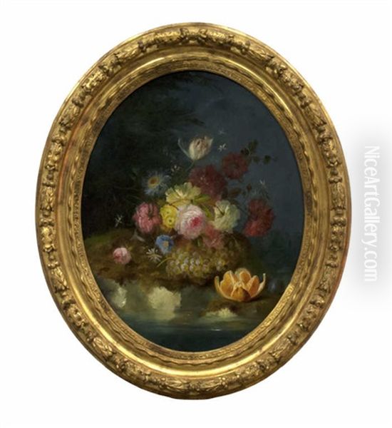 Fleurs, Pasteque, Fruits Et Raisins Sur Un Muret De Pierre (+ Jetee De Roses Et De Fleurs, Raisins Et Oranges, Sur Fond De Paysage; 2 Works) Oil Painting by Jules Edouard Diart