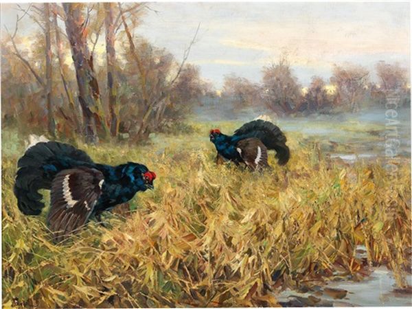 Black Cocks Oil Painting by Erich Dichtl