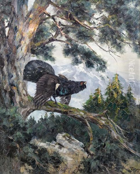 Balzender Auerhahn Im Hochwald Oil Painting by Erich Dichtl