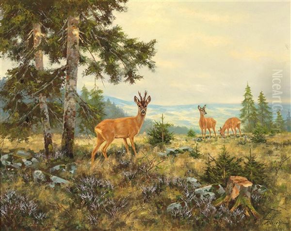 Red Deer On High Ground Oil Painting by Erich Dichtl