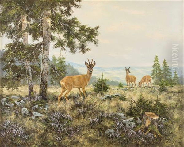 Rehe Am Waldrand Oil Painting by Erich Dichtl