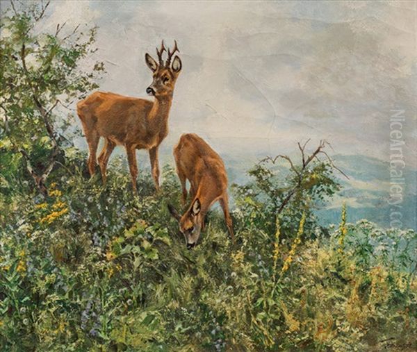 Fruhlingslandschaft Mit Asenden Rehen Oil Painting by Erich Dichtl