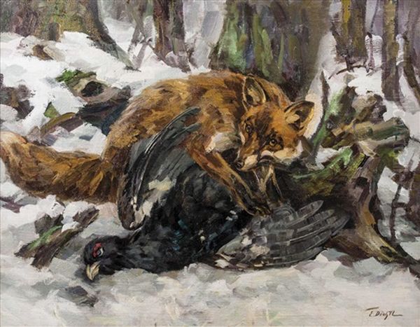 Fuchs Mit Auerhahn Oil Painting by Erich Dichtl