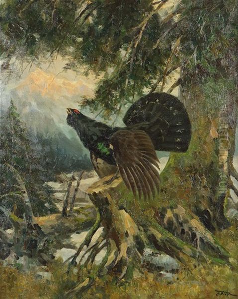 Balzender Auerhahn Im Hochgebirgswald Oil Painting by Erich Dichtl