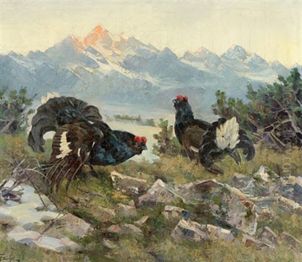 Paar Auerhahne Oil Painting by Erich Dichtl