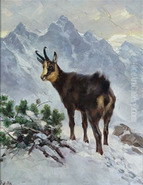 Gams Im Schnee Oil Painting by Erich Dichtl
