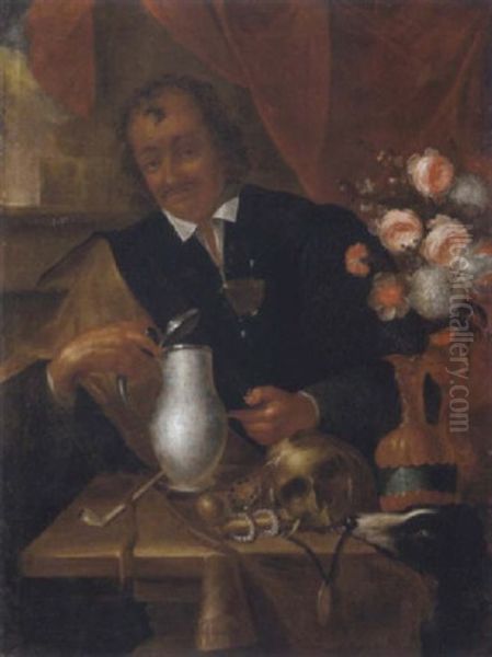 Ein Mann Mit Krug, Weinglas Und Vanitas-stilleben Oil Painting by Martin Dichtl