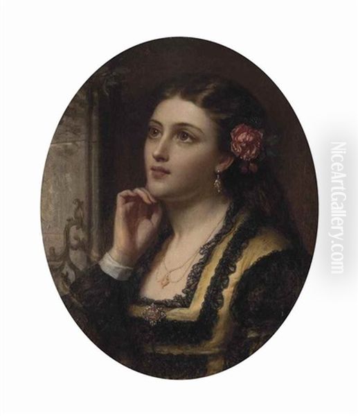 Her Eyes Are With Her Thoughts, But They Are Far Away Oil Painting by John Robert Dicksee