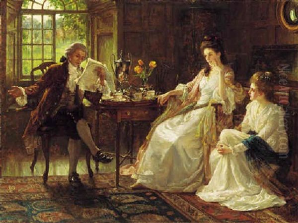 The First Audience: Oliver Goldsmith Reading She Stoops To Conquer To Little Comedy And The Jessamy Bride Oil Painting by Margaret Isabel Dicksee
