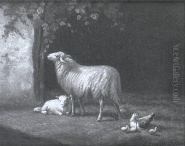 Sheep And Chicken Outside A Barn Oil Painting by Jacob Van Dieghem