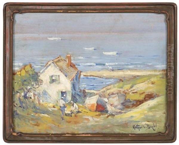Men And Dories Outside A House By The Sea Oil Painting by Arthur Vidal Diehl
