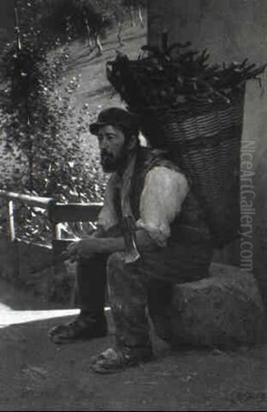 Siddende Skovarbejder Med Braendekurv Oil Painting by Konrad Wilhelm Dielitz