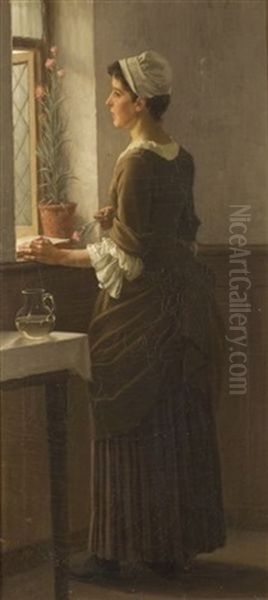 Faraway Thoughts: Portrait Of A Girl With A Pink Oil Painting by Frederick Dielman