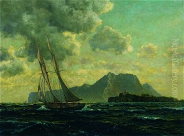 Schoner Vor Felsiger Kustenlandschaft Mit Leuchtturm Oil Painting by Michael Zeno Diemer