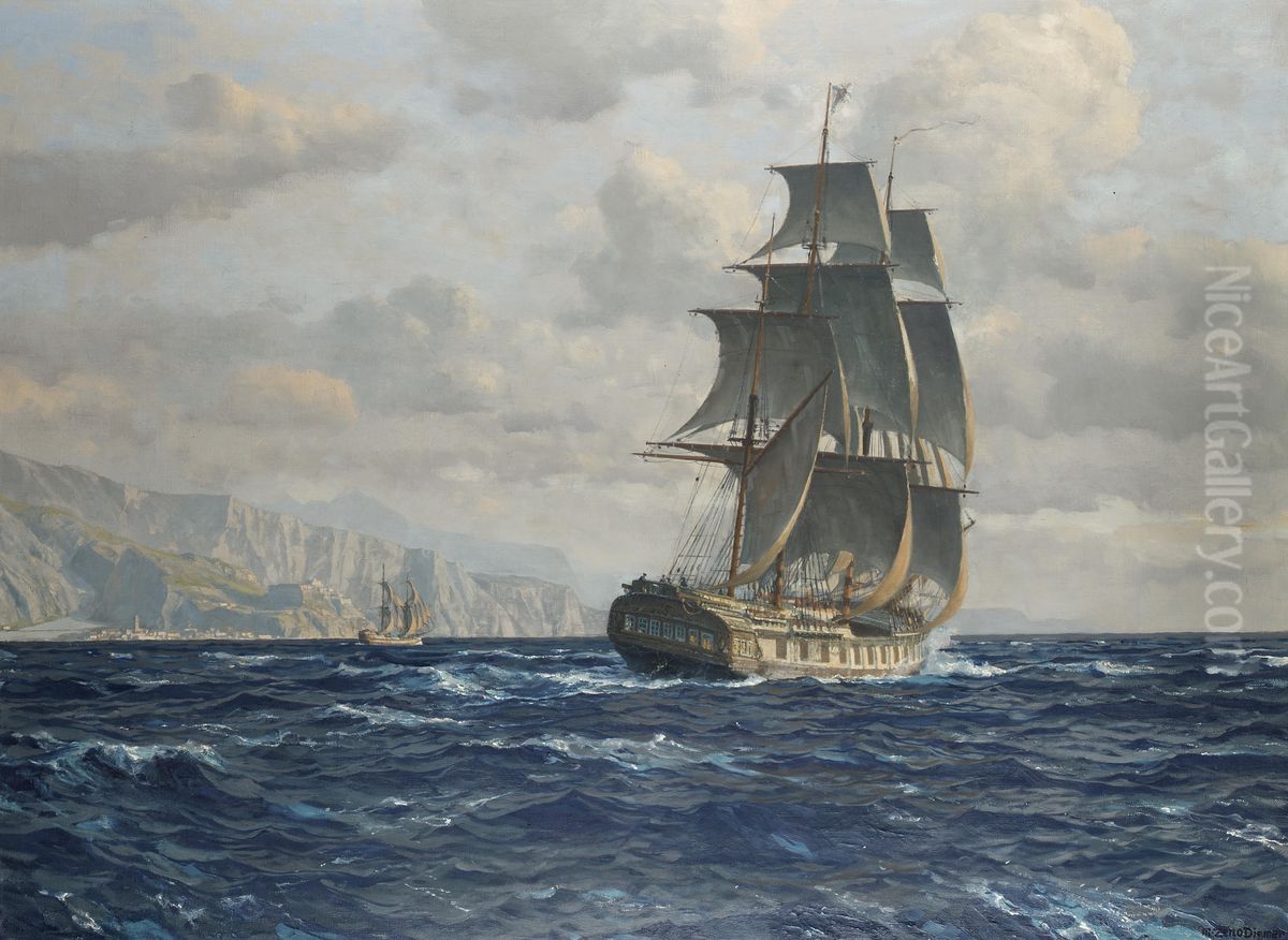 A Frigate Off The Coast Near Rio De Janeiro, Brazil Oil Painting by Michael Zeno Diemer