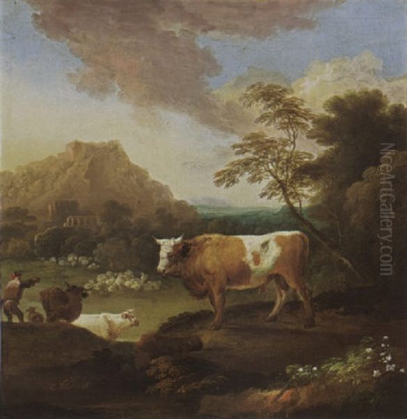 An Italianate Landscape With A Bull In The Foreground And A Shepherd With His Herd Nearby Oil Painting by Adriaen Van Diest