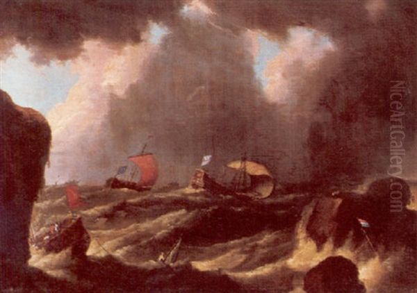 Shipping In Stormy Seas Oil Painting by Adriaen Van Diest