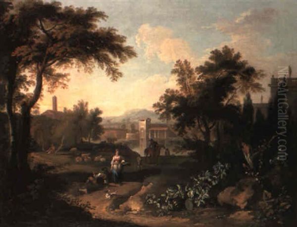 A Classical Landscape With A Horseman Near A River And Herdsmen Oil Painting by Adriaen Van Diest