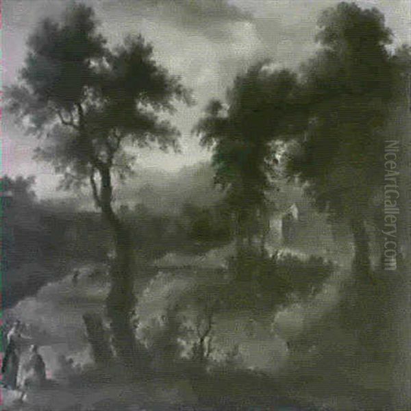An Extensive Italianate Landscape With Two Travellers       Conversing On A Path Oil Painting by Adriaen Van Diest