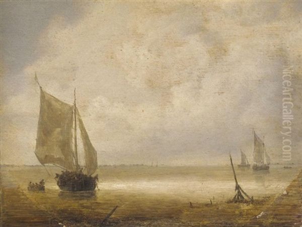 A Smalschip And A Rowing Boat With Fishermen In A Calm, Further Smalschips Beyond Oil Painting by Jeronymus Van Diest