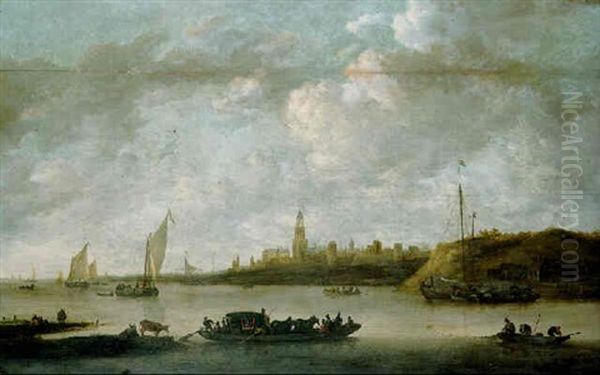 A View Of Rhenen With A Ferryboat Oil Painting by Jeronymus Van Diest