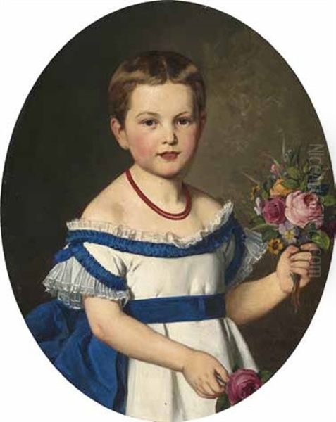 Madchen In Blau-weisem Kleid Mit Einem Blumenstraus In Der Hand Oil Painting by Alfred Diethe