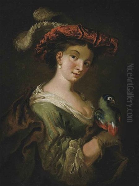 A Lady Holding A Parrot Oil Painting by Christian Wilhelm Ernst Dietrich