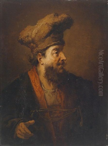 Ein Orientalisch Gekleideter Bartiger Mann (tronie In The Style Of Rembrandt) Oil Painting by Christian Wilhelm Ernst Dietrich