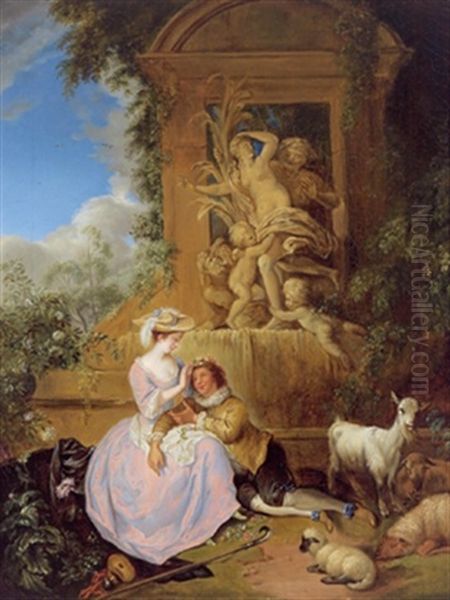 Liebespaar Vor Einem Steinernen Brunnen Mit Den Skulpturen Darstellend Pan Und Sxrinx Oil Painting by Christian Wilhelm Ernst Dietrich