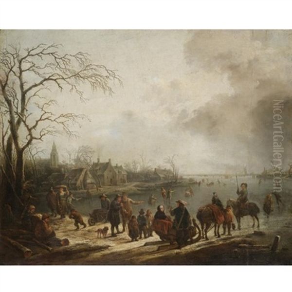 A Winter Landscape With A Sledge And Numerous Figures On A Frozen River, A Village Beyond Oil Painting by Christian Wilhelm Ernst Dietrich