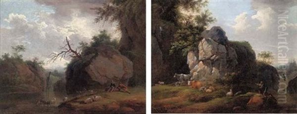 A Wooded River Landscape With Shepherds And Their Flock (+ A Wooded River Landscape With A Shepherdess, Her Flock; Pair) Oil Painting by Christian Wilhelm Ernst Dietrich