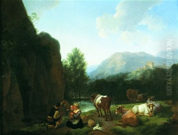 Une Famille De Bergers Et Leur Troupeau Se Reposant Pres D'une Riviere Oil Painting by Christian Wilhelm Ernst Dietrich