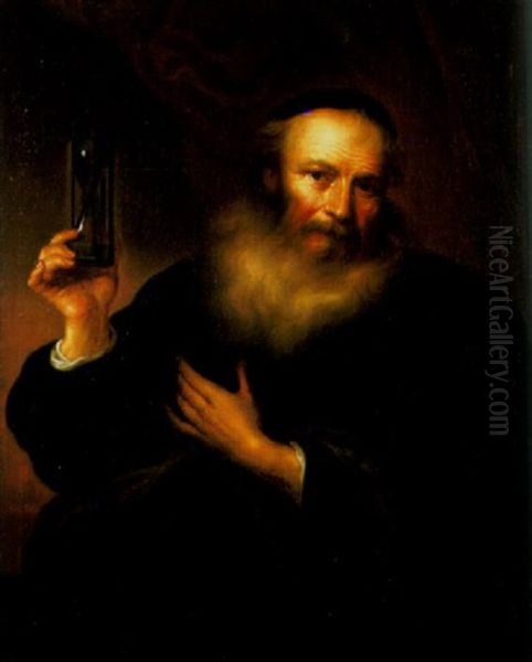 A Philosopher Holding An Hourglass Oil Painting by Christian Wilhelm Ernst Dietrich