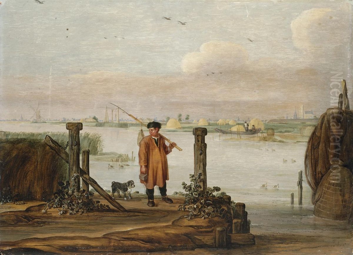 An Extensive River Landscape With A Fisherman By The Quayside Oil Painting by Arentsz van der Cabel