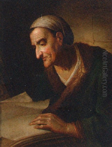 An Old Woman Reading Oil Painting by Christian Wilhelm Ernst Dietrich